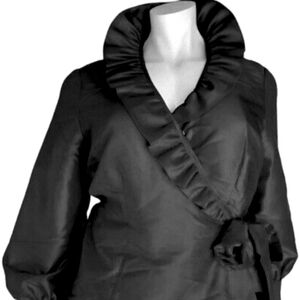J Peterman Silk Taffeta Ruffles Wrap Blouse Shirt Top Coverup Jacket